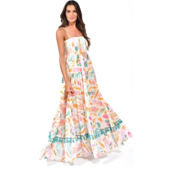 Gypsy Queen multi color maxi dress, tassel trim, smocked top, Small/Medium - Picture 1 of 9